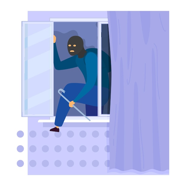 Personaje ladrón masculino trepó por la ventana con llantas de hierro rompiendo una caja de vidrio robando una casa aislada en una ilustración vectorial plana blanca