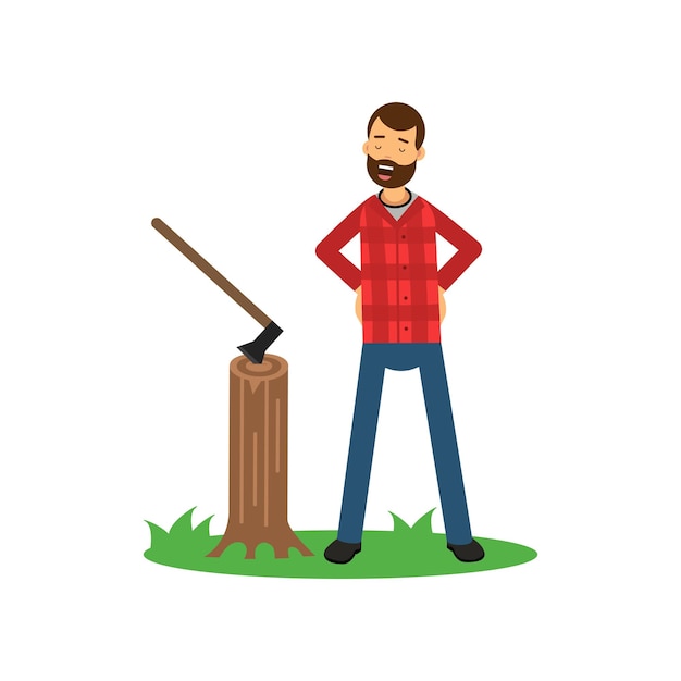 Personaje de leñador de dibujos animados de pie sobre hierba verde con los brazos en jarras cerca del tocón de árbol con hacha. Leñador hipster barbudo con camisa a cuadros roja y jeans azules. Ilustración de vector plano aislado en blanco.