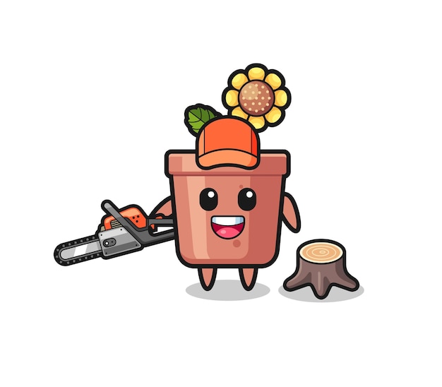 personaje de leñador de girasol sosteniendo una motosierra