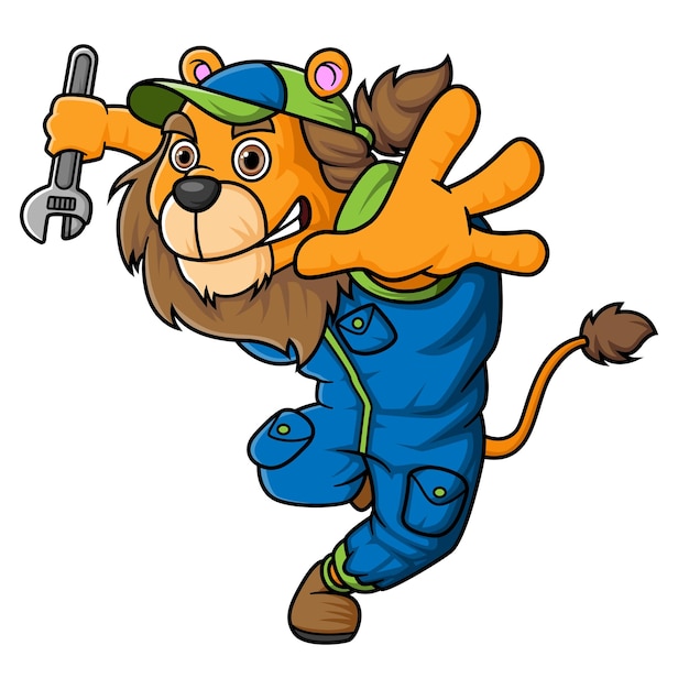 Personaje de león fuerte con traje de uniforme mecánico posando sosteniendo una llave