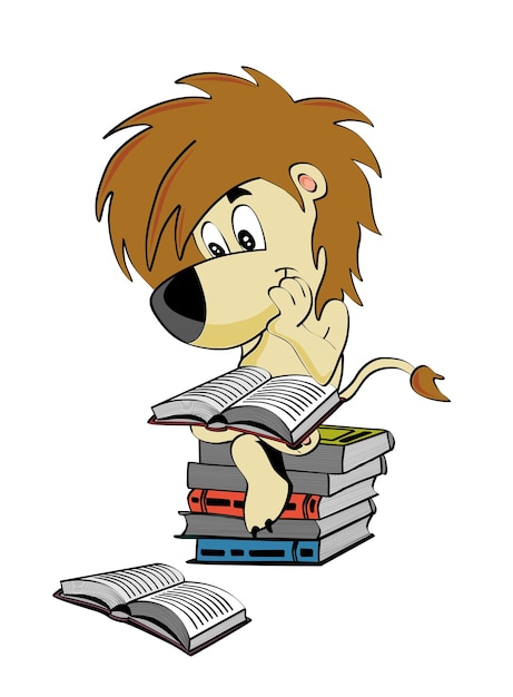 Un personaje león lindo leyendo un libro y sentado encima de una pila de libros vector de estilo de dibujos animados