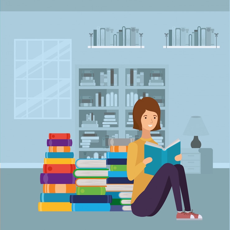 Vector personaje de libro de lectura de mujer estudiante