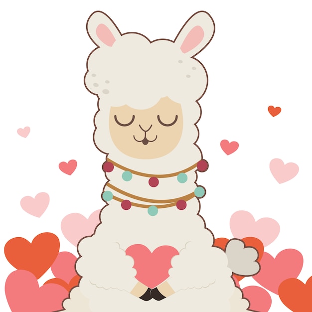 Vector el personaje de linda alpaca sonriendo y sosteniendo un corazón. el personaje de linda alpaca abrazando un corazón.