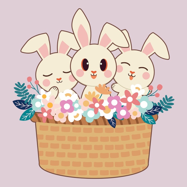 El personaje del lindo conejo y sus amigos en una gran canasta con flores