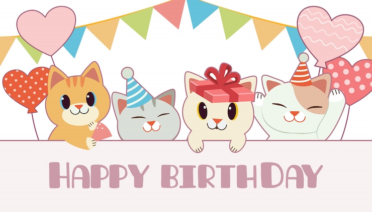 Vector el personaje de lindo gato con globo de corazón de fiesta de cumpleaños. el texto del feliz día de nacimiento.