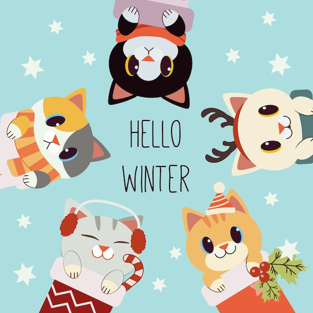 Vector el personaje de lindo gato con texto de hola invierno en el tema de navidad. el lindo gato usa bufanda y cuerno de venado y orejeras y gorro de invierno. el personaje de lindo gato en estilo plano.