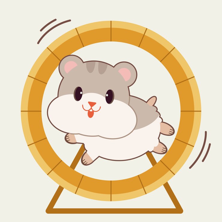 Vector el personaje del lindo hámster corriendo con la rueda de la rata