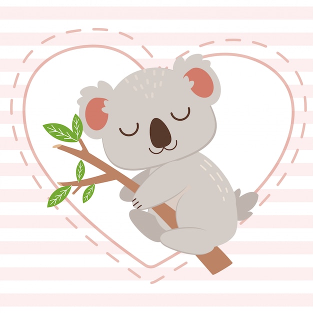 El personaje del lindo koala abrazando la rama de un árbol en el corazón blanco sobre el fondo rosa. el personaje de lindo koala durmiendo con rama de árbol. el personaje de koala lindo en estilo plano.