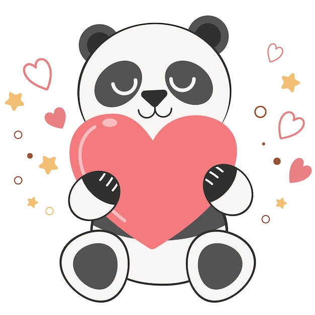 El personaje del lindo oso panda abrazando el corazón sobre un fondo blanco.