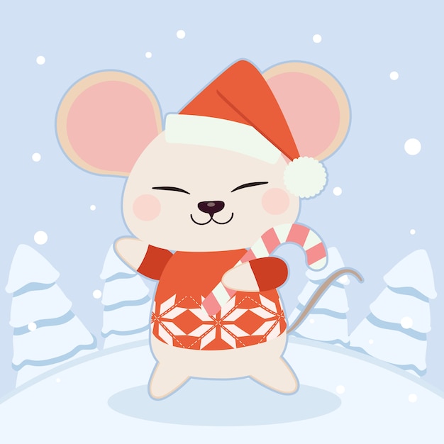 El personaje del lindo ratón usa un sombrero de invierno y un suéter rojo