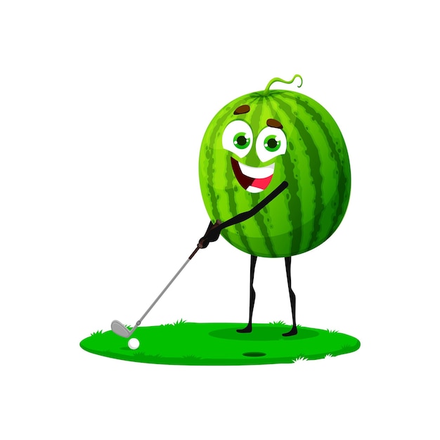 Personaje lindo de sandía de dibujos animados jugando al golf Mascota alegre de sandía jugosa con palo de golf en campo verde comida de verano personaje cómico de vector o personaje lindo de fruta madura en vacaciones de verano