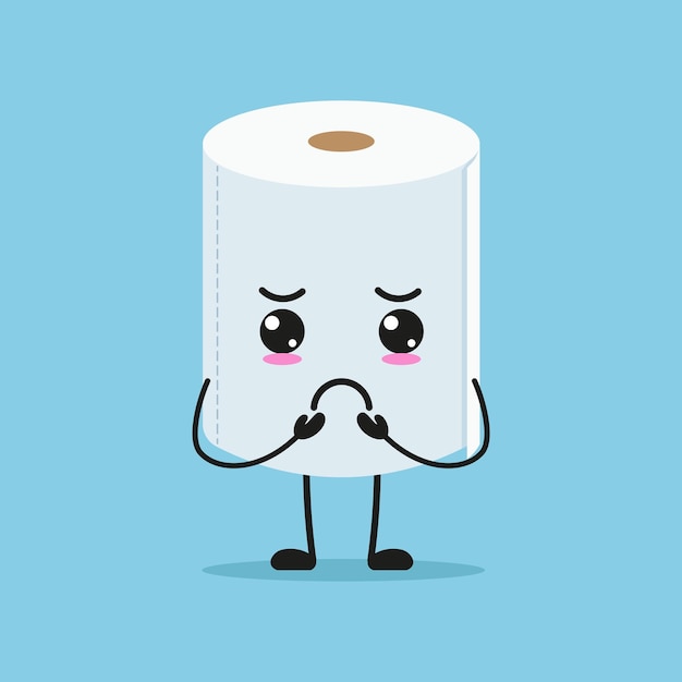 Un personaje lindo y sombrío de papel higiénico, un emoticon de dibujos animados de tejido triste en un vector de emoji de estilo plano.