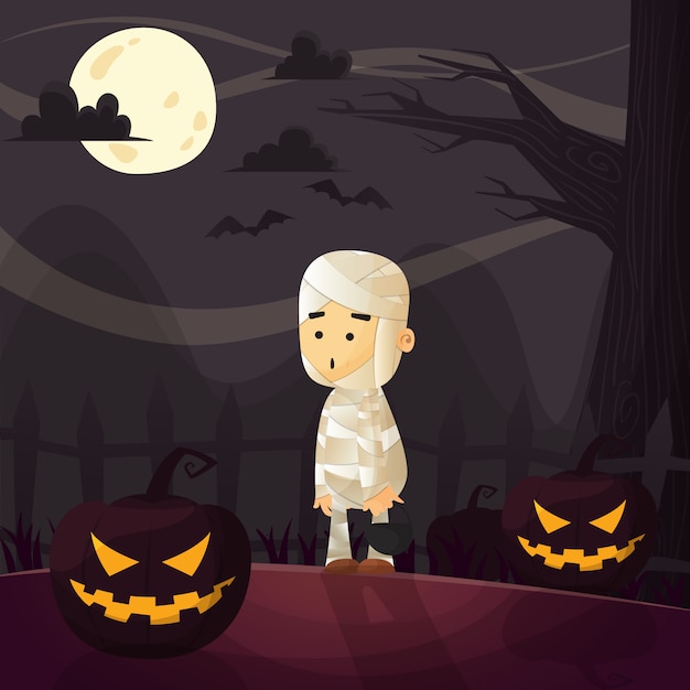 Vector personaje de little mummy boy perdido en el fondo de la noche de halloween