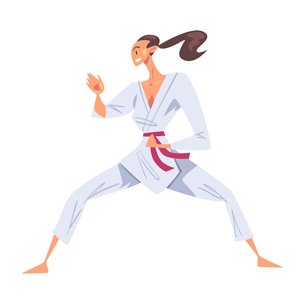 Personaje de luchadora de karate con kimono blanco practicando el arte marcial tradicional japonés Ilustración vectorial de estilo de dibujos animados