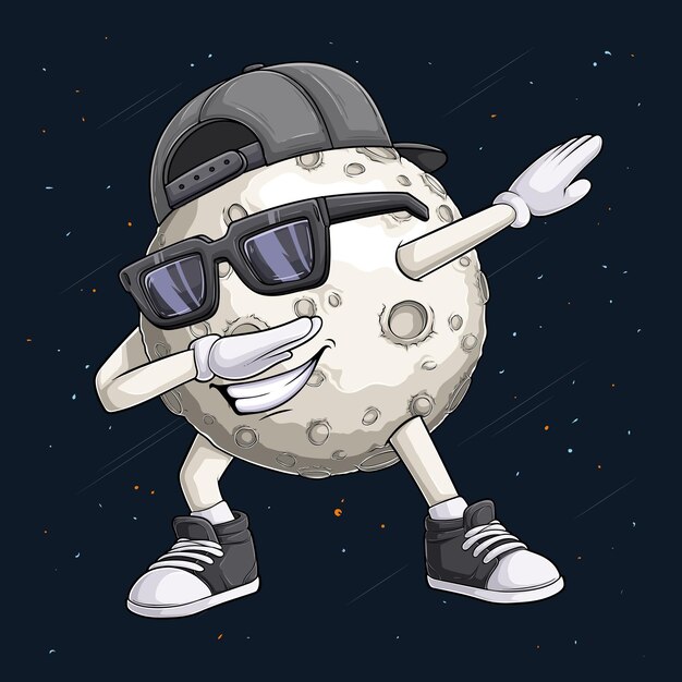 Personaje de la Luna dibujado a mano con gafas de sol de gorra gris haciendo el baile de dab brillante gesto de la luna de dabbing