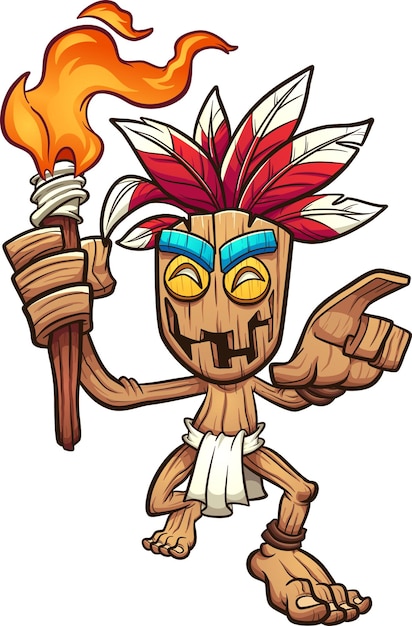 Personaje de madera Tiki sosteniendo una antorcha