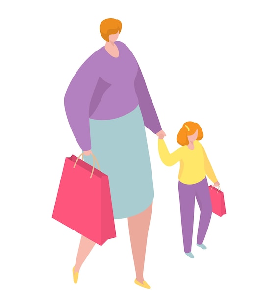 Personaje de la madre caminando con la hija, mamá, paseo de compras, mujer, sostenga, ropa, bolsa, isométrico, d