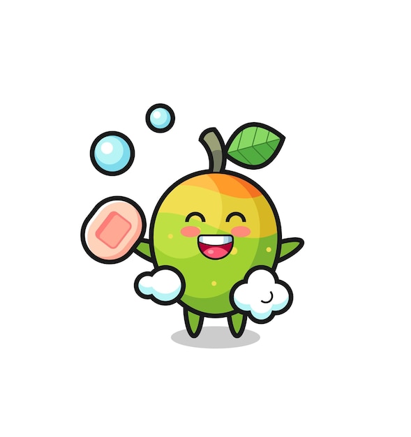 El personaje de mango se está bañando mientras sostiene el jabón, diseño de estilo lindo para camiseta, pegatina, elemento de logotipo