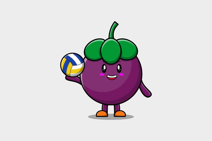Vector personaje de mangostán de dibujos animados lindo jugando voleibol en ilustración de estilo de dibujos animados plana