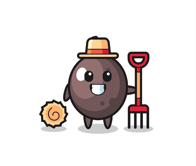 Personaje de mascota de aceituna negra como diseño de estilo lindo de agricultor para elemento de logotipo de etiqueta de camiseta