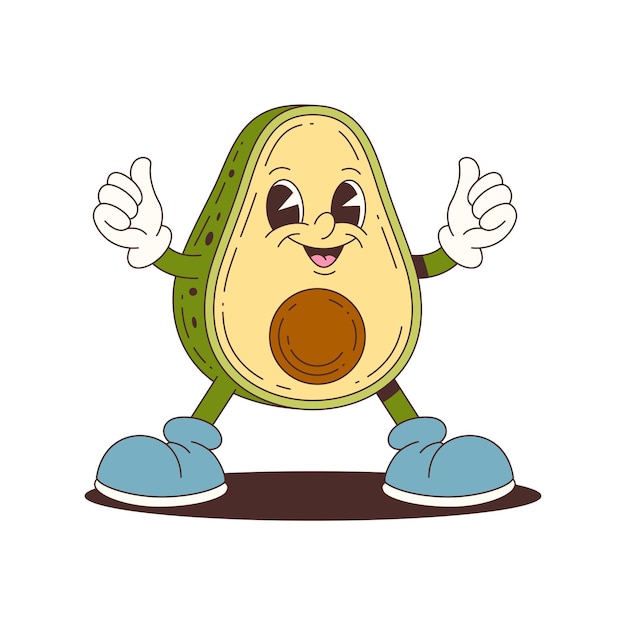 El personaje de la mascota del aguacate sonriente con los pulgares hacia arriba usando zapatos azules para el diseño de alimentos saludables