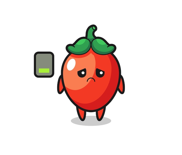 Personaje de mascota de ají haciendo un gesto cansado