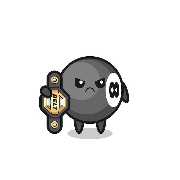 Personaje de mascota de billar de 8 bolas como un luchador de MMA con el cinturón de campeón, diseño de estilo lindo para camiseta, pegatina, elemento de logotipo