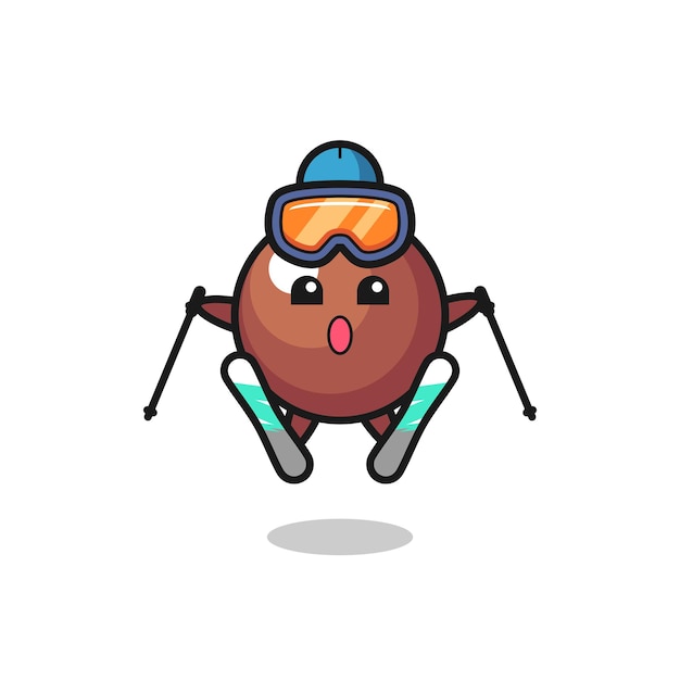 Personaje de mascota de bola de chocolate como jugador de esquí