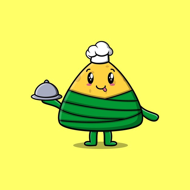 Personaje de mascota de bola de masa hervida de arroz chino de chef de dibujos animados lindo que sirve comida en diseño de estilo lindo de bandeja