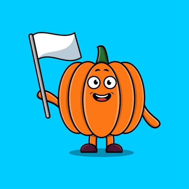 Personaje de mascota de calabaza de dibujos animados lindo con bandera blanca en ilustración de diseño moderno