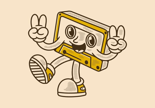 El personaje de la mascota de la cinta en la expresión feliz de las manos que forman el símbolo de la paz en el aspecto retro
