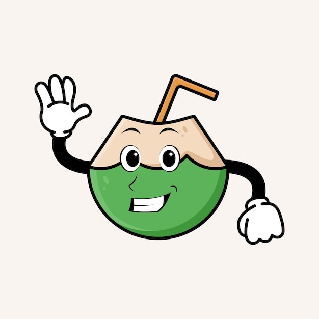 Personaje de mascota de coco de dibujos animados lindo concepto de ilustración de fruta de mascota sonriente