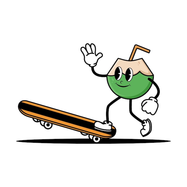 Personaje de mascota de coco de dibujos animados lindo jugando patineta Concepto de ilustración de fruta vintage de mascota