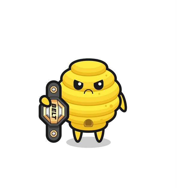 Personaje de mascota de la colmena de abejas como un luchador de MMA con el cinturón de campeón, diseño lindo