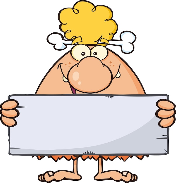 Vector personaje de mascota de dibujos animados goofy blonde cave woman con un cartel en blanco de piedra. ilustración vectorial