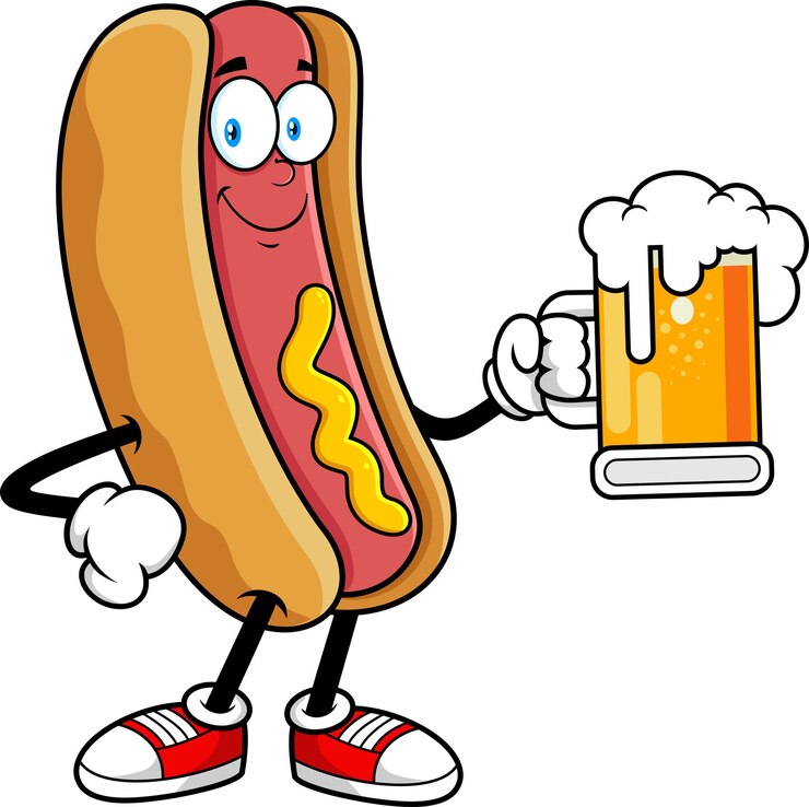 Vector el personaje de la mascota de dibujos animados de hot dog sonriendo y sosteniendo una taza de cerveza