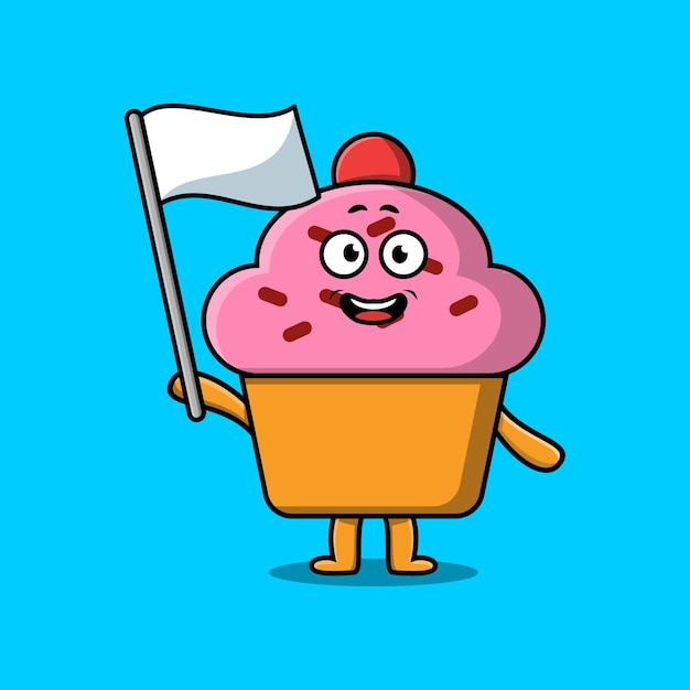 Personaje de mascota de dibujos animados lindo cupcake con bandera blanca en ilustración de diseño moderno