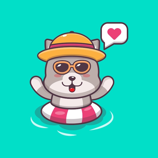 Personaje de mascota de dibujos animados lindo gato nadar en la playa en boya