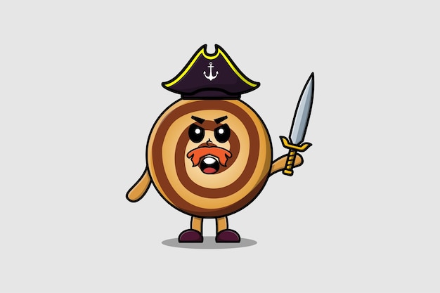 Personaje de mascota de dibujos animados lindo Pirata de galletas con sombrero y espada en diseño moderno