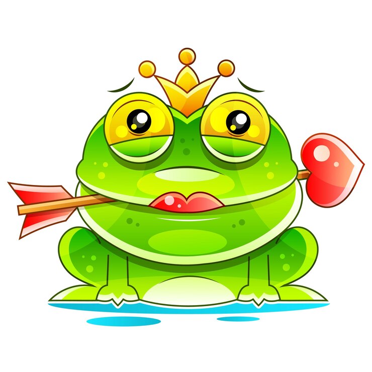 Vector personaje de mascota de dibujos animados lindo princesa rana con corona y flecha. ilustración de vector aislado sobre fondo blanco