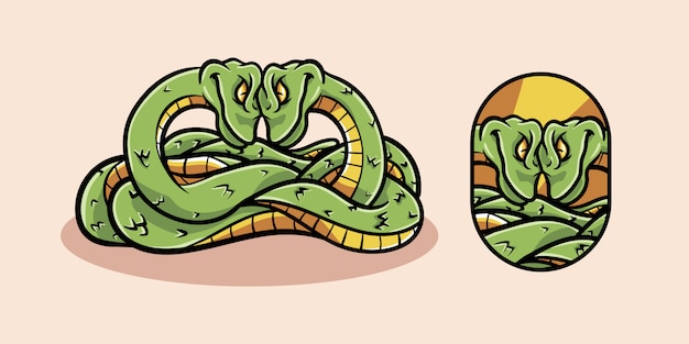 Personaje de mascota de dibujos animados de lucha de dos serpientes