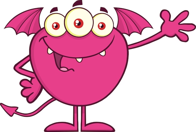 Personaje de mascota de dibujos animados de monstruo rosa feliz agitando para saludar. ilustración vectorial