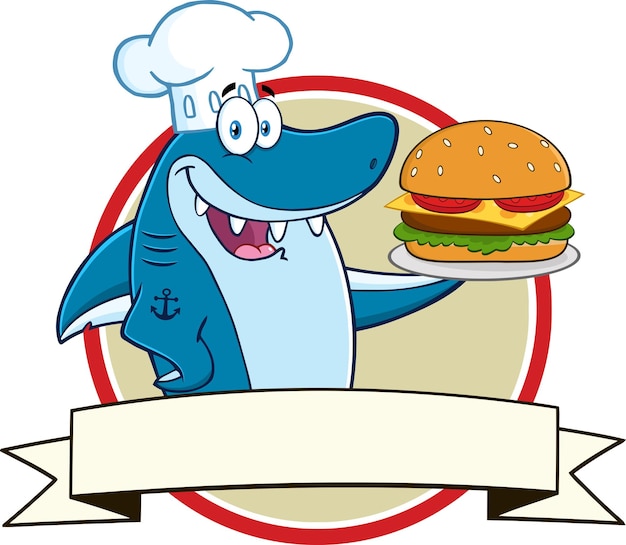 Personaje de mascota de dibujos animados de tiburón azul sosteniendo una hamburguesa grande