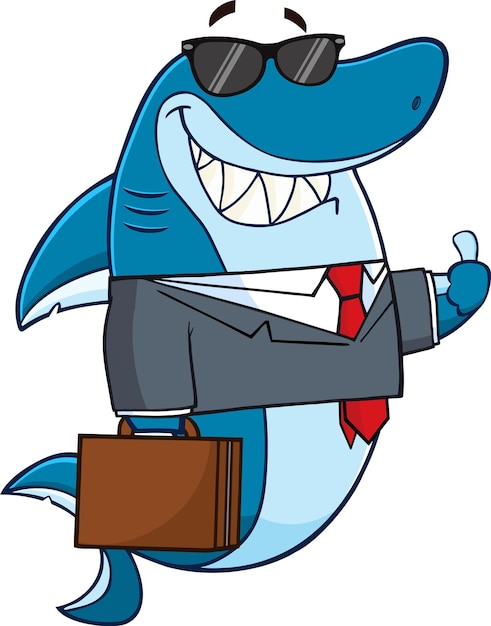 Personaje de mascota de dibujos animados de tiburón de negocios en traje, llevando un maletín y sosteniendo un pulgar hacia arriba