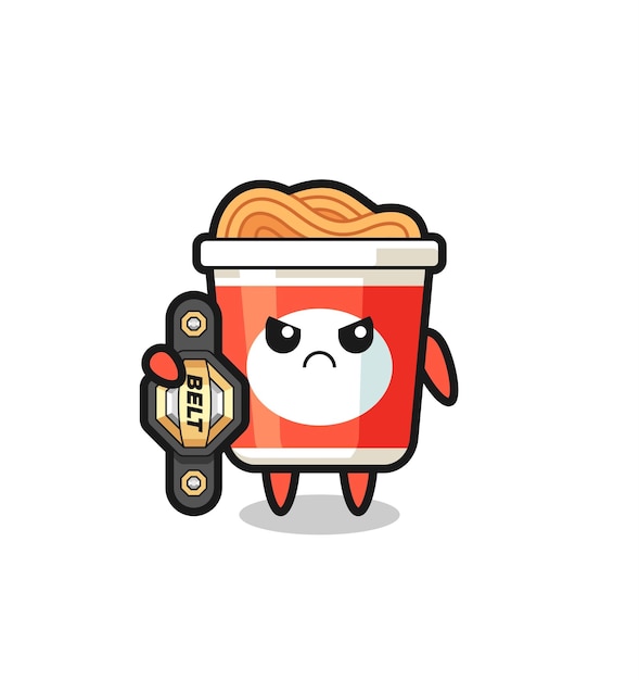 Personaje de mascota de fideos instantáneos como un luchador de mma con el cinturón de campeón