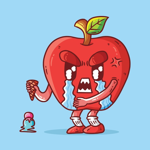 El personaje de la mascota de la fruta de manzana linda llorando en su ilustración de dibujos animados de helado vectorial que cae
