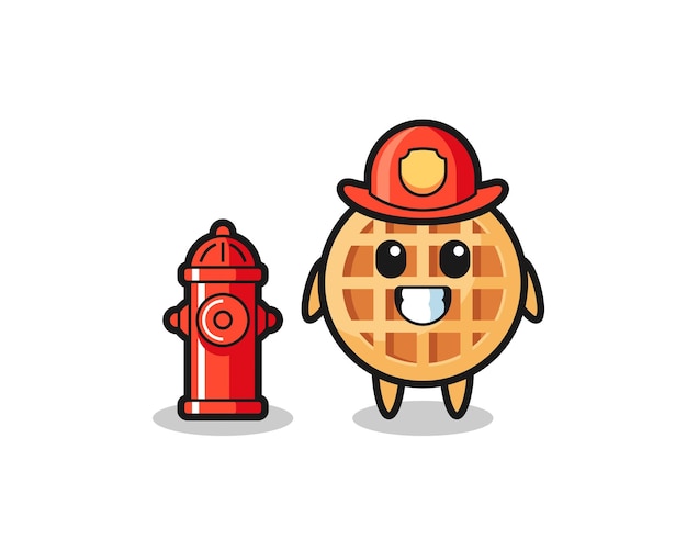 Personaje de mascota de gofre circular como bombero, diseño lindo