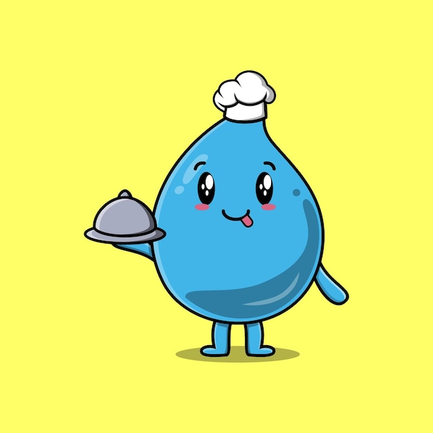 Personaje de mascota de gota de agua de chef de dibujos animados lindo que sirve comida en diseño de estilo lindo de bandeja
