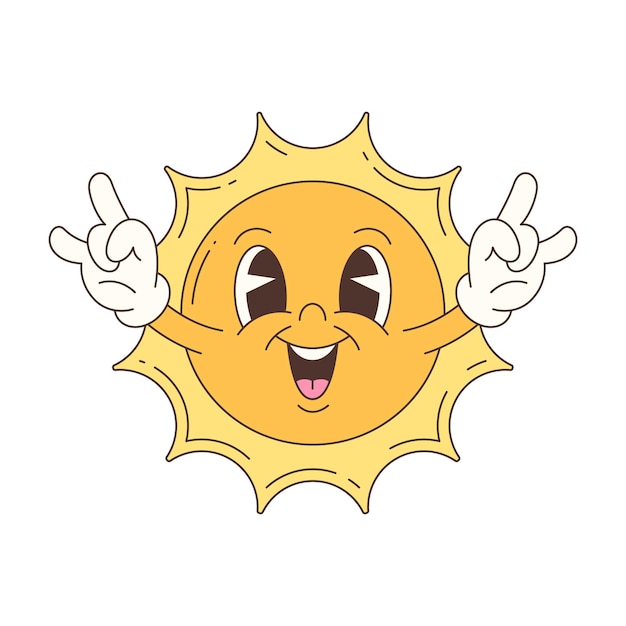 El personaje de la mascota Happy Sun hace un gesto de roca con las manos en una divertida ilustración vectorial de verano.