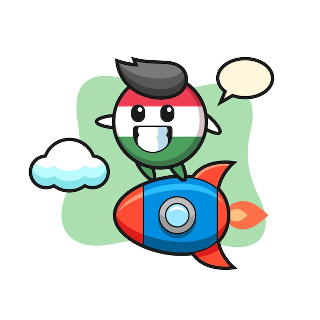 Personaje de la mascota de la insignia de la bandera de hungría montando un cohete, diseño de estilo lindo para camiseta, pegatina, elemento de logotipo